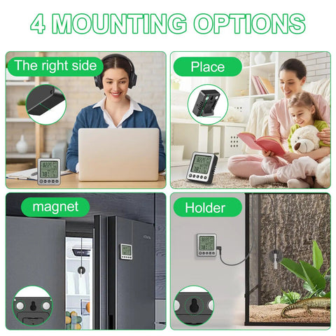Digital Refrigerator Freezer Thermometer With Extra Sensor For Indoor Outdoor Use Humidity Hygrometer And Max Min Memory Reptile And Aquarium Temp Monitor Fridge Freezer Thermometer 1.5m Probe 24 Hour Recall Black, 4 mounting options