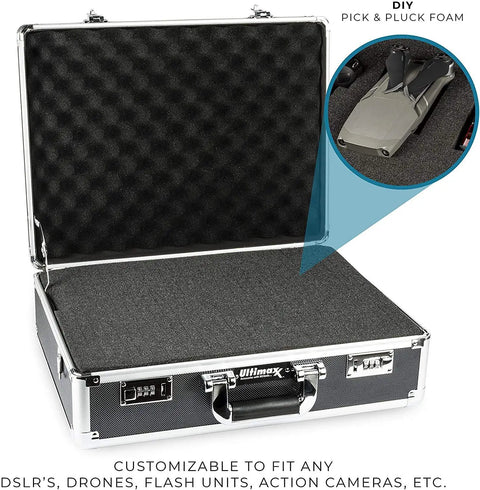 Medium Aluminum Hard Case With Pre Cut Foam For Easy Travel And Storage Of Drones And Gear For DJI Mavic Series Autel Evo Ryze Tello And More Built Tough For Real World Travel, showing open case with foam insert