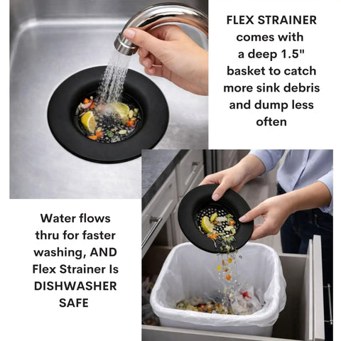 No Center Stem Sink Strainer With Optional Stopper For Three And A Half Inch Drains And Garbage Disposals in use, black
