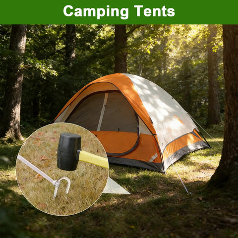 Tough As Nails Heavy Duty 12 Inch J Hook Rebar Stakes, securing a camping tent in forested area with mallet close-up.
