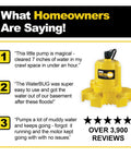 Front view of yellow Wayne WaterBUG submersible pump with black top on a yellow base.