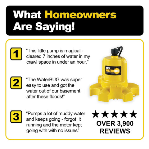 Front view of yellow Wayne WaterBUG submersible pump with black top on a yellow base.
