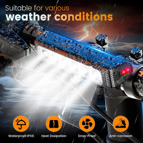 Ultra Bright Bike Headlight And Taillight Set with 6 LEDs 12000 Lumens showing waterproof feature with rain and fog bubbles