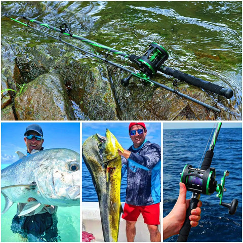 Progressive Glass Fishing Rod and Reel Combo 7ft Medium Heavy for Catfish Salmon and Steelhead Green Right Handed Reel on rocks