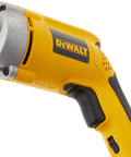 Close-up of DW276 drywall screw gun grip, variable speed trigger, metal gear housing, durable for drywall decks, heavy gauge steel.
