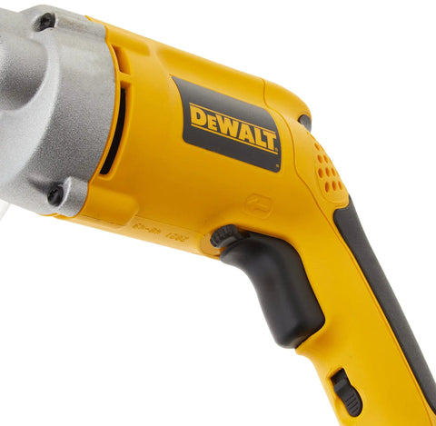 Close-up of DW276 drywall screw gun grip, variable speed trigger, metal gear housing, durable for drywall decks, heavy gauge steel.