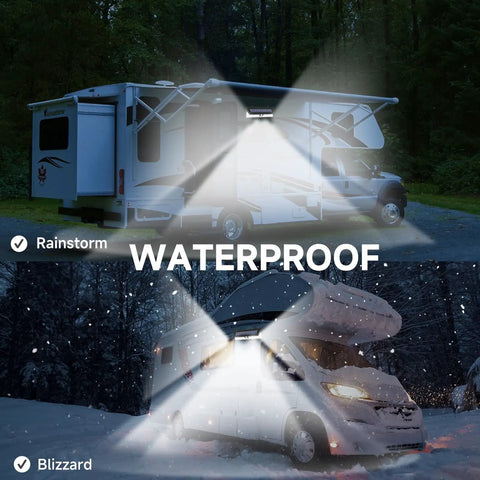 Magnetic Solar RV Light With Motion Sensor, 118 LED Ultra Bright Exterior RV Outdoor Lamp illuminating RV in rainstorm and blizzard.