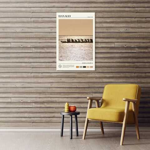 Hanalei Bay Sunset Outrigger Canoe Silhouette Canvas Print Wall Art in modern living room with yellow chair, unframed 24x36 inch