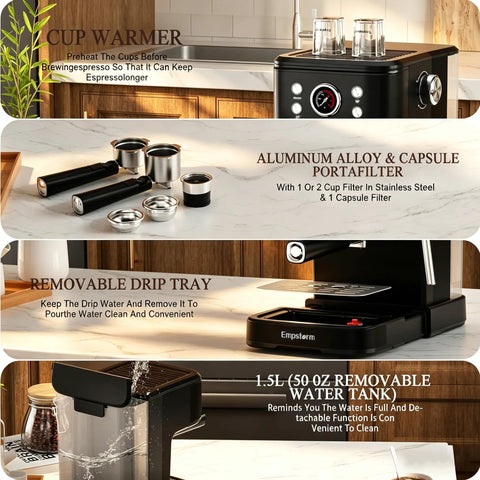 Next Level 20 Bar Espresso Machine With Silky Milk Frother And Heavy Duty Steam Wand 1100 Watt Compact Coffee Brewer features cup warmer, portafilter, and removable drip tray.