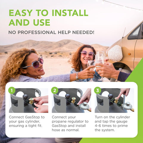 Couple enjoying drinks while using Propane Tank Gauge With Leak Detector And Emergency Shut Off for RV and camper near desert.