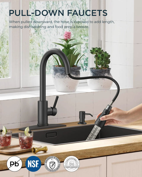 High Performance Slick Black Kitchen Faucet With Heavy Duty Pull Down Sprayer And Integrated Soap Dispenser Crafted From Lead Free Materials For Your Go To Rock Solid Sink Upgrade in modern kitchen with retractable sprayer.