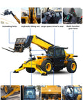 Heavy Duty 4WD Rough Terrain Telehandler With High Reach Telescopic Boom And Custom Hydraulic Loader Setup showcasing unloading forks, hydraulic lifting rod, and spacious cab.