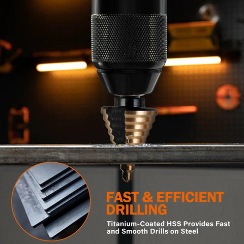 Close-up of Six Piece Step Drill Bit Set With Automatic Center Punch Titanium HSS Coated Unibits Fifty Sizes For Metal And Aluminum cutting steel