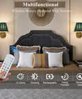 EIDISUNY Battery Operated Wall Sconces, Rattan Wall Sconce Set of 2 with RGB Rechargeable Dimmable Bulbs, Gold Wireless Wall Sconce with Remote for Bedroom, Living Room, Hallway above a bed with decorative pillows.