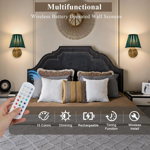 EIDISUNY Battery Operated Wall Sconces, Rattan Wall Sconce Set of 2 with RGB Rechargeable Dimmable Bulbs, Gold Wireless Wall Sconce with Remote for Bedroom, Living Room, Hallway above a bed with decorative pillows.
