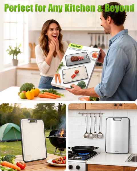 Two In One Titanium Cutting Board For Kitchen With Double Sides displayed in kitchen and outdoor settings.