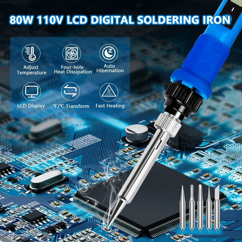 Close-up of Thirty Nine In One Soldering Iron Kit With LCD Display 80W 110V Electric Soldering Iron with tips on circuit board