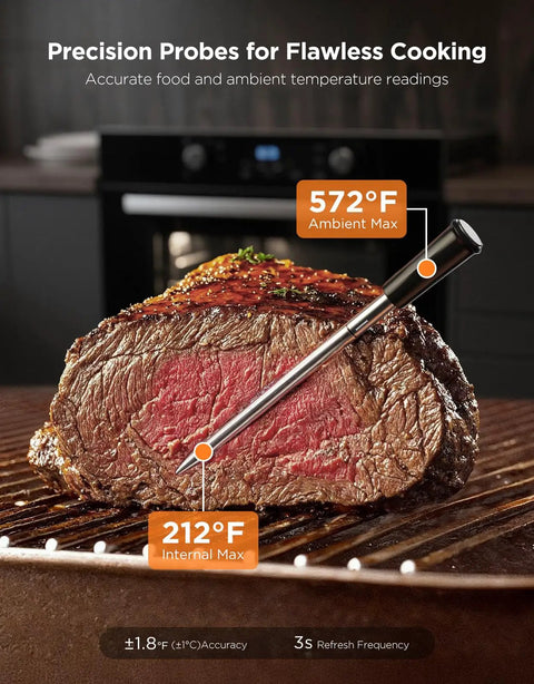 Dual Probe Smart Wireless Meat Thermometer With Bluetooth And WiFi inserted in cooked meat showing temperature readings