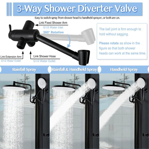 High Pressure Rainfall Shower Head With Handheld Combo Kit 12 Inch Extension Arm featuring 3-way shower diverter valve and spray modes