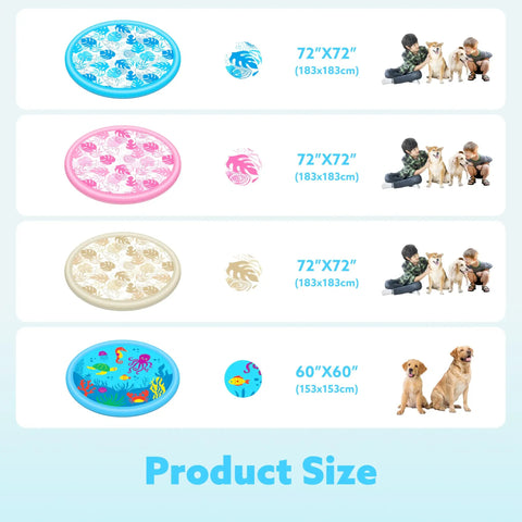 Comparison chart of splash pads, featuring the 60 Inch Splash Pad Water Toy For Kids And Toddlers, Sea Themed, with dogs and a child.