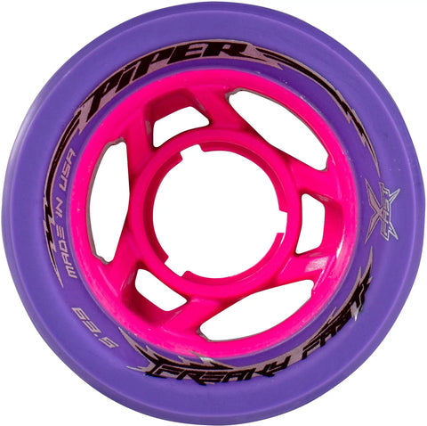 FreakyFast Indoor Speed Quad Skate Wheels Set Of Eight 62mm By 44mm Racing Urethane With Race Thane Tech, Purple wheel close-up