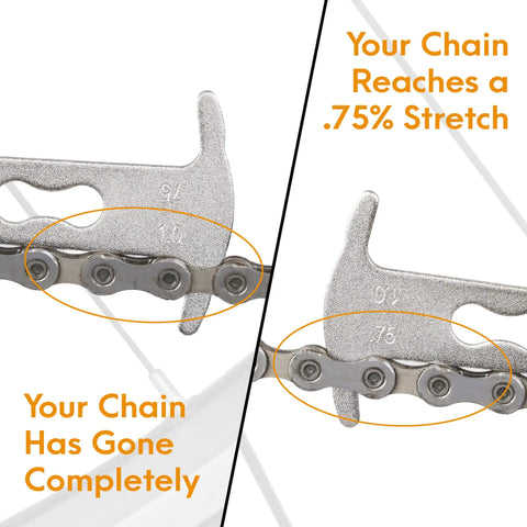 Chain Wear Checker Tool For 7 To 12 Speed Chains, Quick Indicator Of 0.75 Percent Or 1 Percent Stretch, measuring chain wear.