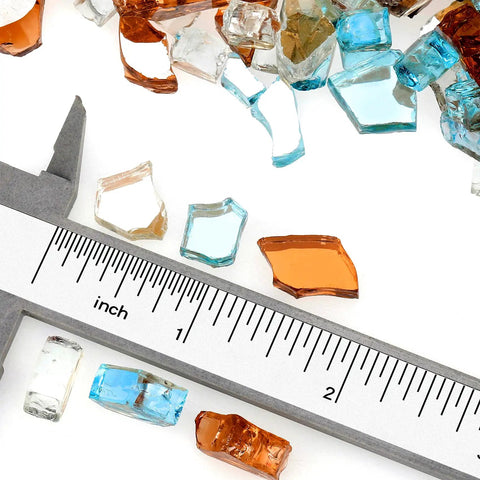 10 Pound Blended Reflective Fire Glass For Fire Pits And Fireplaces Half Inch Mixed Colored High Luster Rocks Aqua Blue Platinum Copper For Outdoor And Indoor Use with ruler