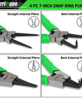 4 Piece Snap Ring Pliers Set With 7 Inch Internal And External Circlip Pliers Kit, Straight And Bent Jaw, CR-V Steel