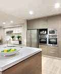 Modern kitchen illuminated by 4 Inch LED Recessed Downlight With Baffle Trim And E26 Base Dimmable 2700K Soft White 650 Lumen 50W Equivalent