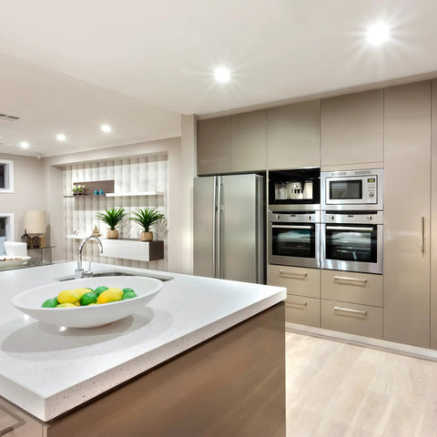 Modern kitchen with bright lighting from R20 LED Light Bulb 45W Equivalent Dimmable Daylight 5000K, spacious counter and stainless appliances.