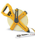 Open Reel Fiberglass Tape Measure 330 Feet Hi Viz Yellow With Rugged ABS Frame And Comfortable Rubber Grip Dual Scale Feet Inches And Metric End Hook Stake Included For One Person Operation