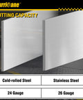 Hurricane V-notcher for sheet metal; banner shows cutting capacity for cold-rolled and stainless steel, 24–26 gauge
