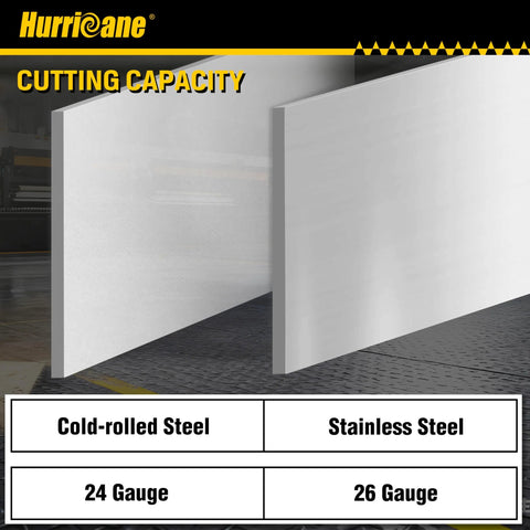 Hurricane V-notcher for sheet metal; banner shows cutting capacity for cold-rolled and stainless steel, 24–26 gauge