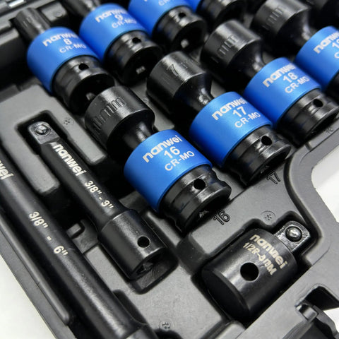 Grab The Ultimate 19 Piece Metric Impact Socket Set With Deep Well And Shallow Sockets Made From Tough Chrome Moly Steel Perfect For Auto Repair And Heavy Duty Jobs Featuring Universal Hex Sizes Plus Essential Extension Bars To Get Any Job Done Right. 3/8" metric impact sockets