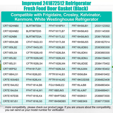 Compatibility chart for Upgraded 241872512 Refrigerator Door Gasket Replacement For A Tight Seal Fits Fridge Door Seal Replaces 240514612 240542112 240542124 5304439526 Kenmore Freezer Gasket EPDM Rubber High Temp Welded 1600 Fahrenheit