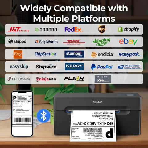Wireless Bluetooth Thermal Label Printer Covers 4X6 Shipping Labels On The Fly with smartphone and printable label visible.