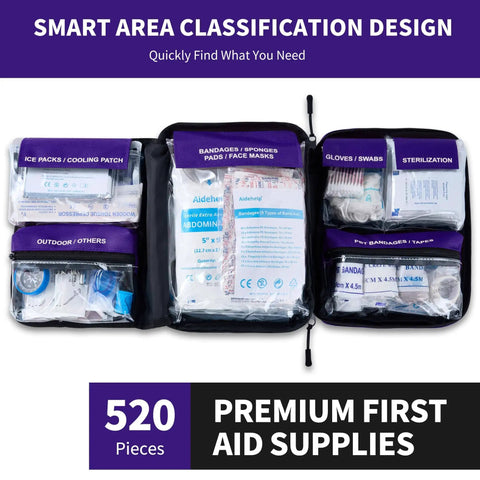 Premium 520 Piece First Aid Kit Large Emergency Medical Kit open view showing compartments and supplies for various uses