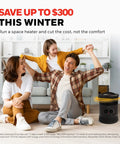Family enjoying warmth in living room with 360 Degree All Around Heat Portable Space Heater With Adjustable Thermostat Charcoal Grey