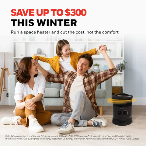 Family enjoying warmth in living room with 360 Degree All Around Heat Portable Space Heater With Adjustable Thermostat Charcoal Grey