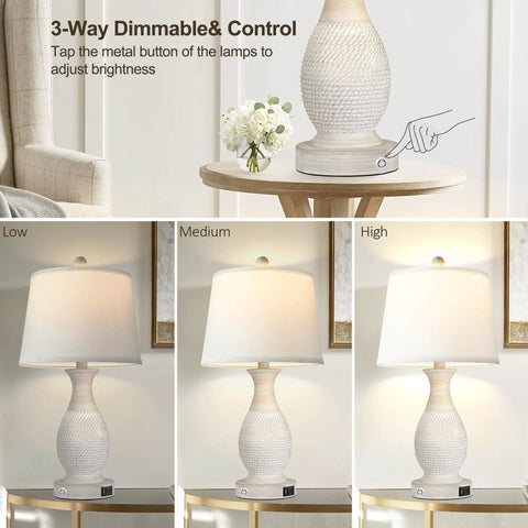 Set Of 2 Farmhouse Table Lamps With USB C And USB A Fast Charging Ports, 26 Inch Tall, 3 Way Dimmable White Fabric Shade
