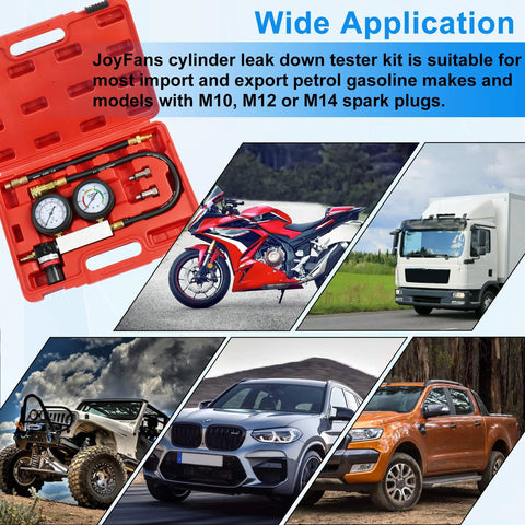 JoyFans cylinder leak-down tester kit with dual pressure gauges in a red case for gasoline engines, M10/M12/M14 spark plugs.