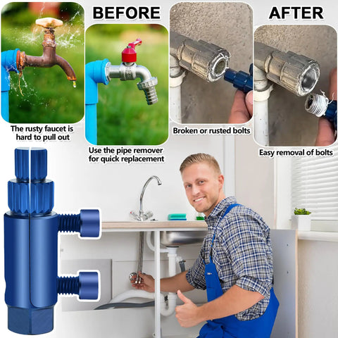 Broken Pipe Thread Extractor Kit For Damaged Faucets And Stripped Fasteners, Includes Half Inch To One Inch Bolt Extractors, Water Pipe Repair Tool Set With Easy Grip Handle, Blue, DIY Friendly Plumbing Solution in use; before and after fixing a rusty faucet.