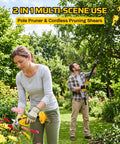 Woman using Cordless Electric Pruning Shears For DeWalt 20V Max Systems in vibrant garden; man with pole pruner.