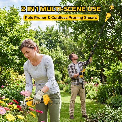 Woman using Cordless Electric Pruning Shears For DeWalt 20V Max Systems in vibrant garden; man with pole pruner.