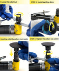 Heavy Duty Pneumatic Die Grinder Kit assembly steps showing collet adjustments and installation of sanding discs.