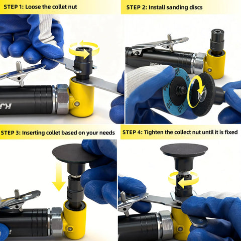 Heavy Duty Pneumatic Die Grinder Kit assembly steps showing collet adjustments and installation of sanding discs.