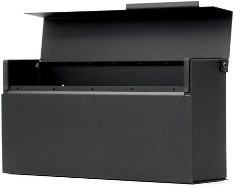Open sleek wall mount mailbox with rustproof aluminum build black powder coat finish, 14.6x7x3.5 inches, open lid view.