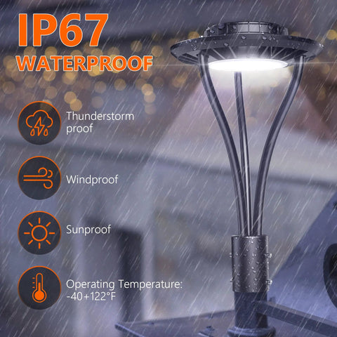 Super Bright 150W LED Post Top Light With 21000 Lumens (950W Equivalent), 5000K Daylight, IP67 Waterproof in rainy weather