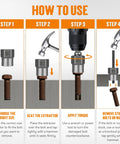 Instructional image showing steps to use 16 Piece Bolt Extractor Kit For Stripped Rusted And Broken Nuts And Screws With Three Eighths Inch Drive Impact Adapter And Knock Out Pin Gloves Heavy Duty Socket Set For Rounded Hardware.