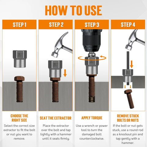 Instructional image showing steps to use 16 Piece Bolt Extractor Kit For Stripped Rusted And Broken Nuts And Screws With Three Eighths Inch Drive Impact Adapter And Knock Out Pin Gloves Heavy Duty Socket Set For Rounded Hardware.